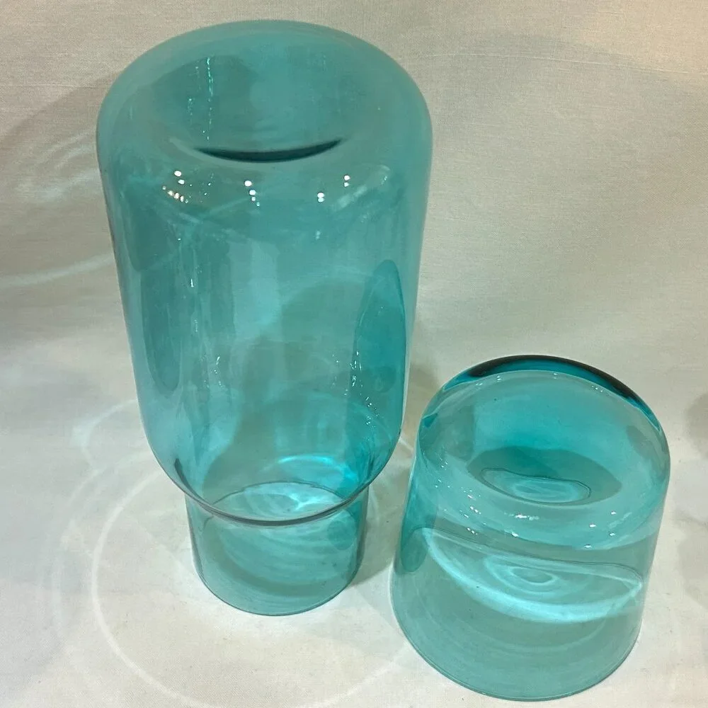 Jonathan Adler BIBA Teal Blue Glass Bedside Water Carafe 25 oz & Cup 10 oz Set